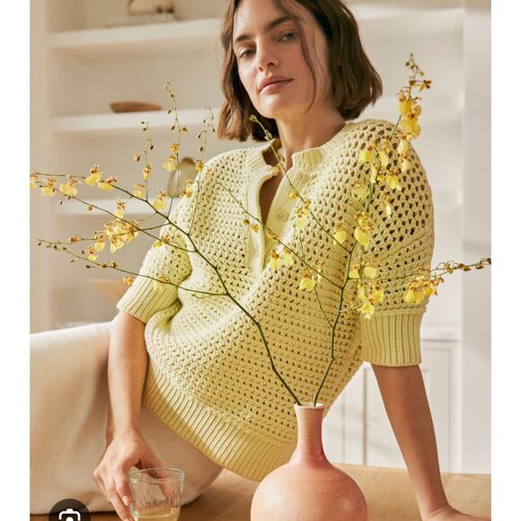 Haven Well Within Knot Stitch Henley Shoer Sleeve Sweater Butter Yellow Small - Picture 1 of 8